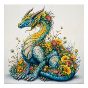 Pôster Arte de Dragão Floral Caprichosa