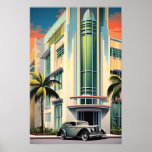 Poster Arte de entrada de aviões art deco Building, 1930<br><div class="desc">Pintura estriada de pincel de ar da entrada de um prédio de deco de arte nos anos 30 com um projétil estacionado na frente. Feito com algoritmos generativos e Photoshop. Este é outro design de 100% original de Hamster de Combate.</div>