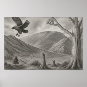Poster Arte de esboço em monocromia da natureza selvagem