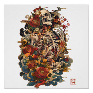 Pôster Arte de Esqueleto Japonês Caveira Floral Gótica