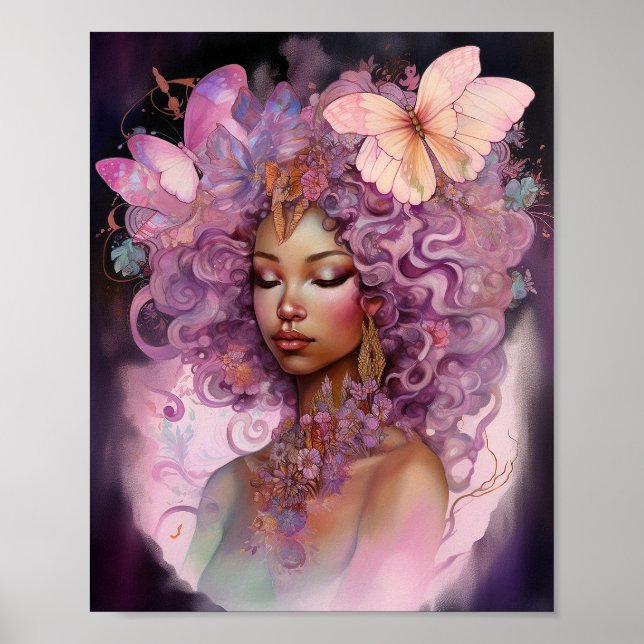 Poster Arte de Fantasia Rosa Púrpura e Negra (Frente)