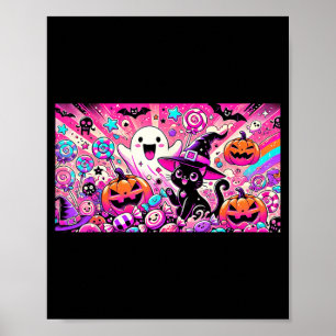 Poster Arte de Fantasma e Gato Preto Kawaii de Halloween