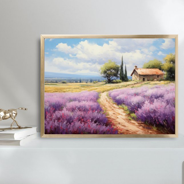 Poster Arte de Fazenda de Campos de Lavanda em Aquarela (Lavender Fields Watercolor Wall Art Poster Print. Country French Rustic Farmhouse)