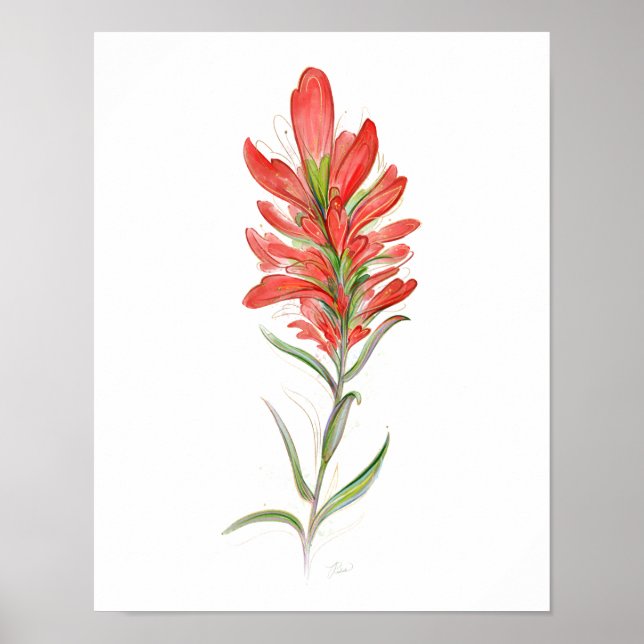 Poster Arte de Flor Selvagem Vermelho com Pincel Indiano (Frente)