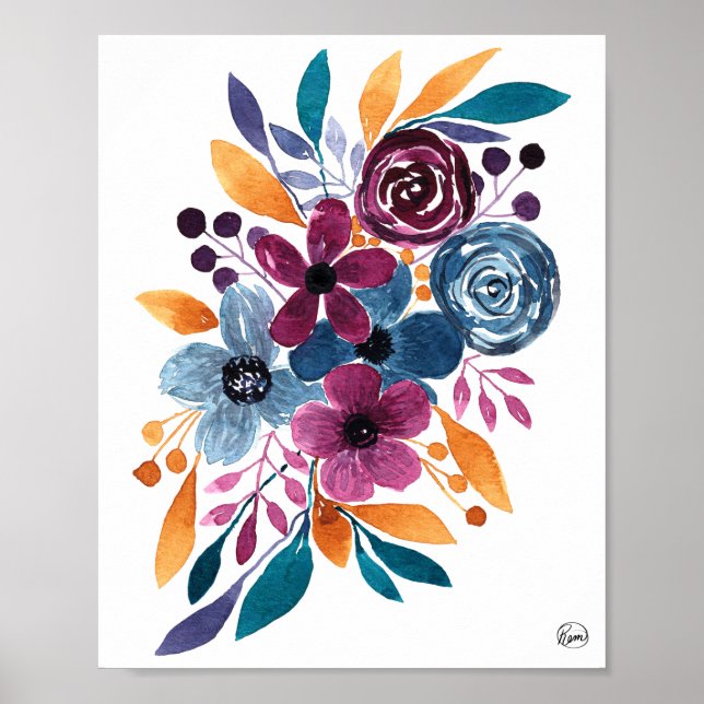 Poster Arte de Flores de Aquarela de Marinho Burgundy (Frente)