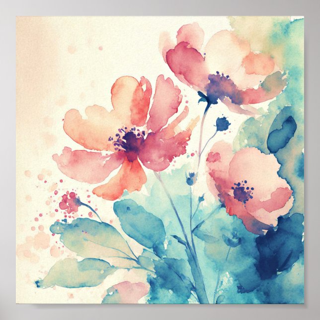Poster Arte de flores de aquarela rosa e azul (Frente)