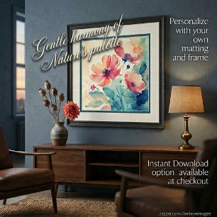 Poster Arte de flores de aquarela rosa e azul