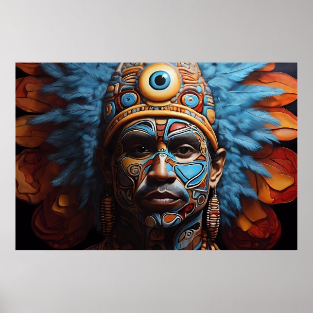 Poster Arte de Fusão Tribal Aztec Abstrato Vibrante (Frente)