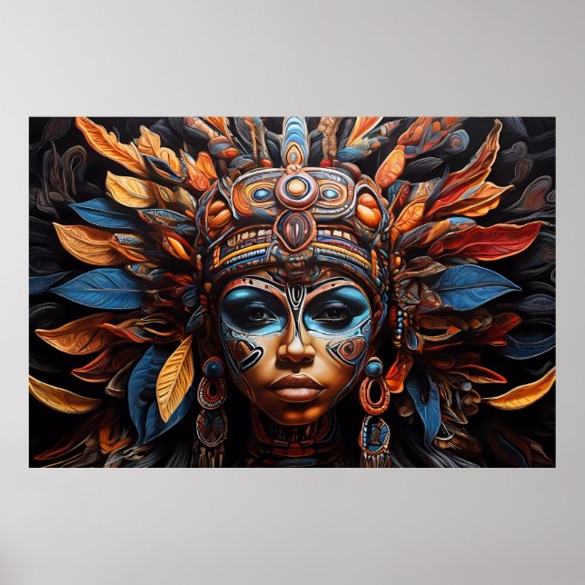Poster Arte de Fusão Tribal Aztec Abstrato Vibrante (Frente)
