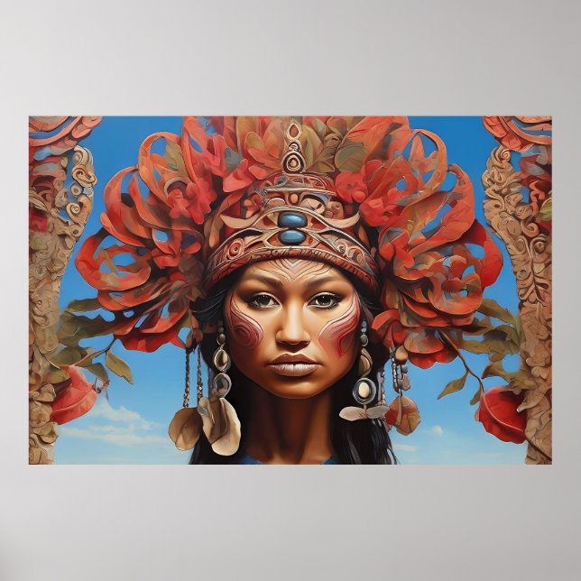 Poster Arte de Fusão Tribal Aztec Abstrato Vibrante (Frente)