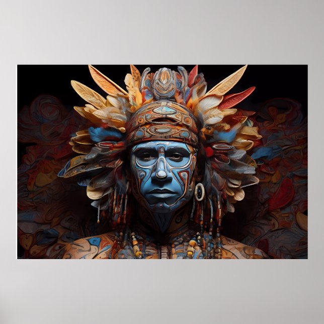 Poster Arte de Fusão Tribal Aztec Abstrato Vibrante (Frente)