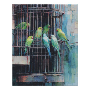 Pôster Arte de Gaiola Rústica de Papagaios Verdes Azuis T