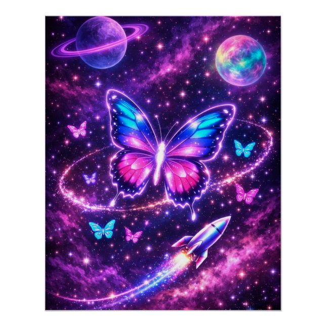 Pôster Arte de Galáxia Borboleta Espaço Neon (Frente)