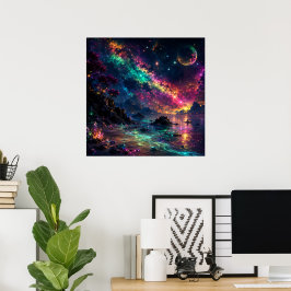 Poster Arte de Galáxia Colorida Neon Espaço Nebulosa Arco