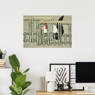 Poster Arte de Galo Japonês Antigo Atrás de Cerca de Bamb