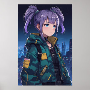 Poster Arte de Garota de Anime Cyberpunk com Tranças e Ja