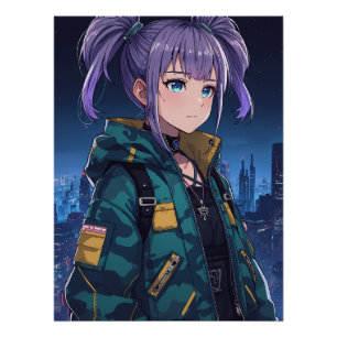 Pôster Arte de Garota de Anime Cyberpunk com Tranças e Ja