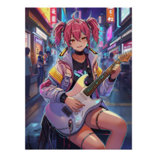 Pôster Arte de Garota de Guitarra Anime Cyberpunk