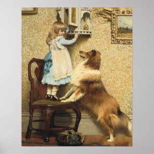 Poster Arte de Garota Vintage e Cachorro Sheltie em um Lu