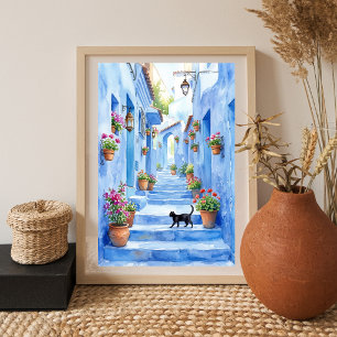 Poster Arte de Gato Aquarela em Beco Azul Mediterrâneo