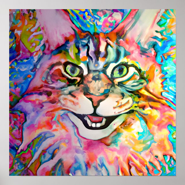 Poster Arte de Gato Louco e Feliz Maine Coon (Frente)