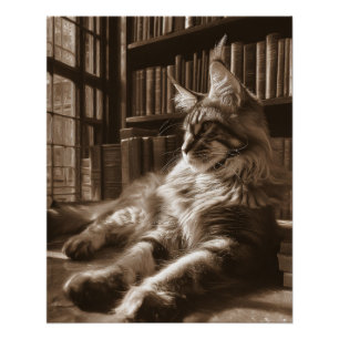 Pôster Arte de Gato Maine Coon Sépia Real na Biblioteca