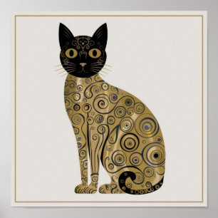 Poster Arte de Gato Preto Decorativo Dourado no Estilo Gu