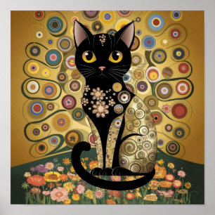 Poster Arte de Gato Preto Decorativo Dourado no Estilo Gu