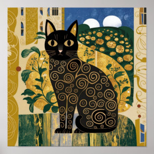 Poster Arte de Gato Preto Decorativo Dourado no Estilo Gu