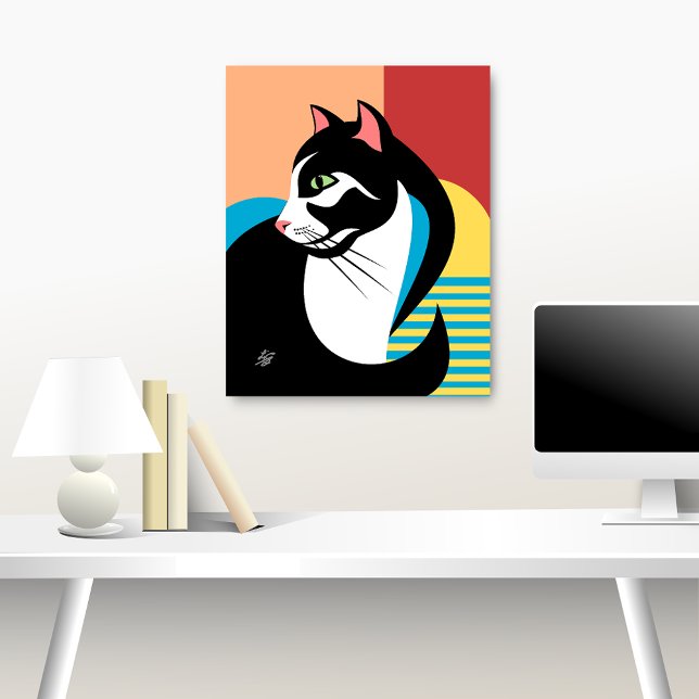 Poster Arte de Gato Preto e Branco Estilizada (Abstract cat art over desk)