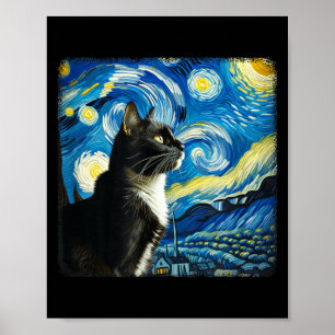 Poster Arte de Gato Tuxedo no Céu Noturno - Estilo de Art