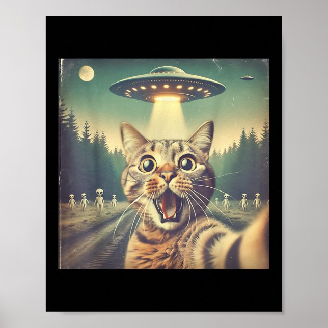 Poster Arte de Gato Ufo Selfie Gato Alien Divertido  (Frente)