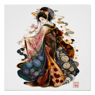 Pôster Arte de Geisha Japonesa Quimono e Flores Sazonai
