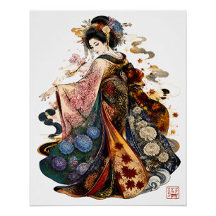 Pôster Arte de Geisha Japonesa Quimono e Flores Sazonai