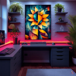 Poster Arte de Girassol Abstrato - Flor Geométrica em Ous