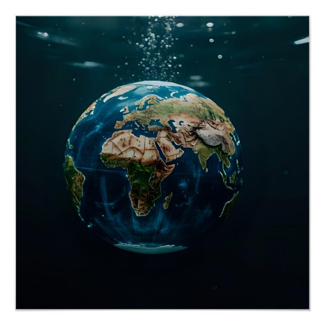 Pôster Arte de Globo Subaquático 3D – Terra Submersa (Frente)
