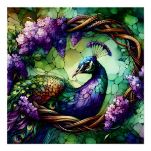 Pôster Arte de Grinalda Floral de Pavão em Vidro Pintado