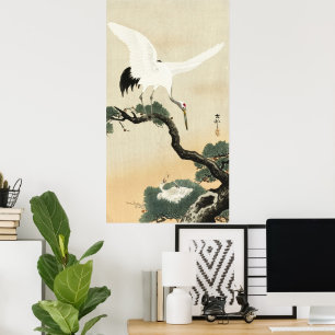 Poster Arte de Grou Japonês e Pinheiro Vintage Ohara Koso