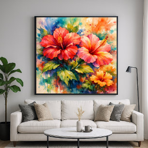 Poster Arte de Hibisco em Estilo Aquarela Floral Colorida
