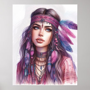 Poster Arte de IA Boho Girl Moda Boêmia