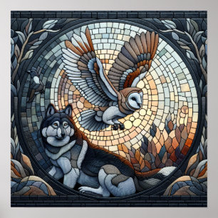 Poster Arte de IA de Mosaico de Coruja e Lobo