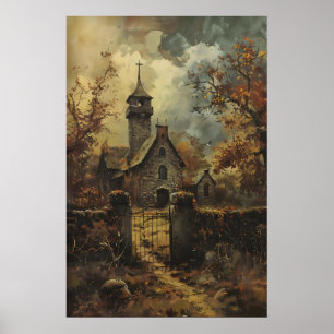 Poster Arte de Igreja Gótica de Pedra Rústica, Outono Vin