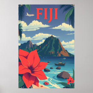 Poster Arte de Ilha Tropical Vintage de Viagem para Fiji