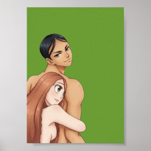 Poster Arte de Ilustração Digital de Casal Anime
