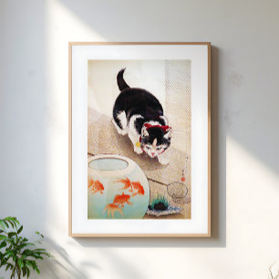 Poster Arte de Ilustração Japonesa de Gato Vintage
