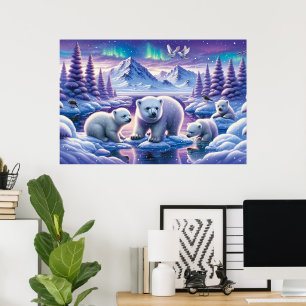 Poster Arte de Inverno com Luzes do Norte & Filhotes de U