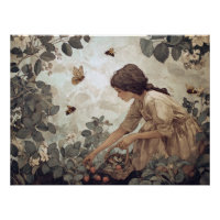 Arte de Jardim de Borboletas Menina Sépia Vintage