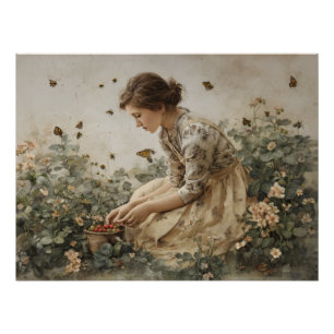 Pôster Arte de Jardim Garota Vintage em Flor