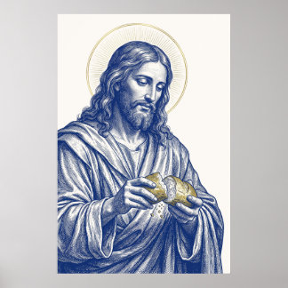 Poster Arte de Jesus Partindo o Pão Azul Gravura