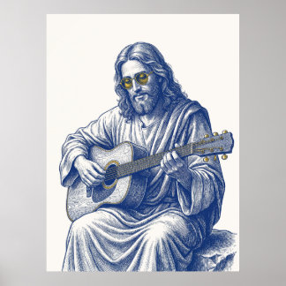 Poster Arte de Jesus Tocando Violão no Estilo de Gravura